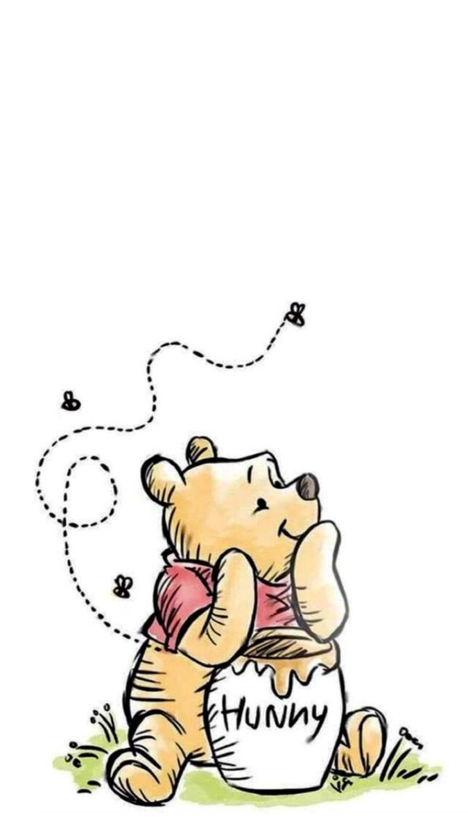 Winnie Pooh con un tarro de miel y pequeñas abejas